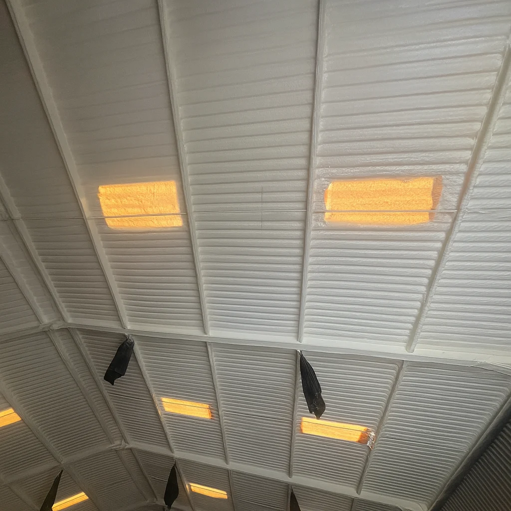 Warehouse spray foam roof insulation — Enverge Nexseal LE applied to underside