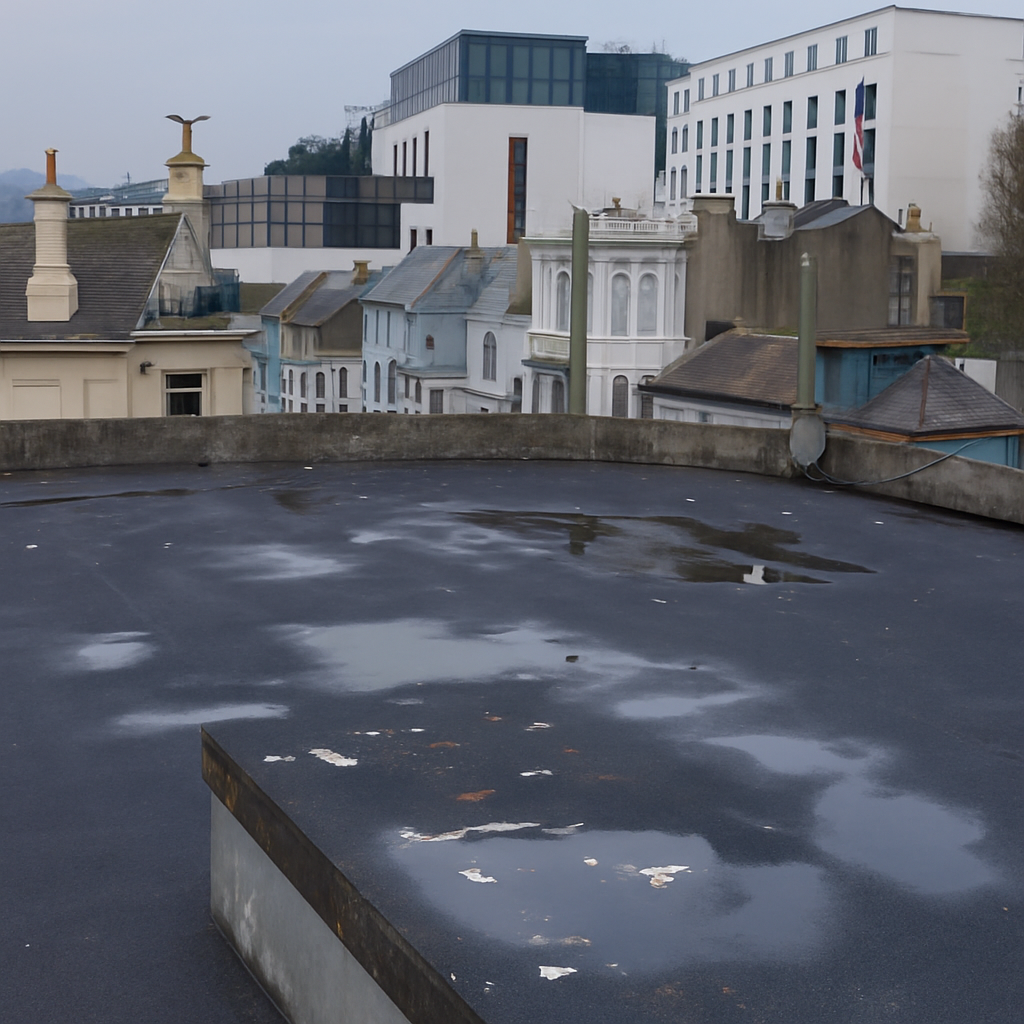 Aged asphalt flat roof with ponding water and leaks, surveyed before overlay refurbishment