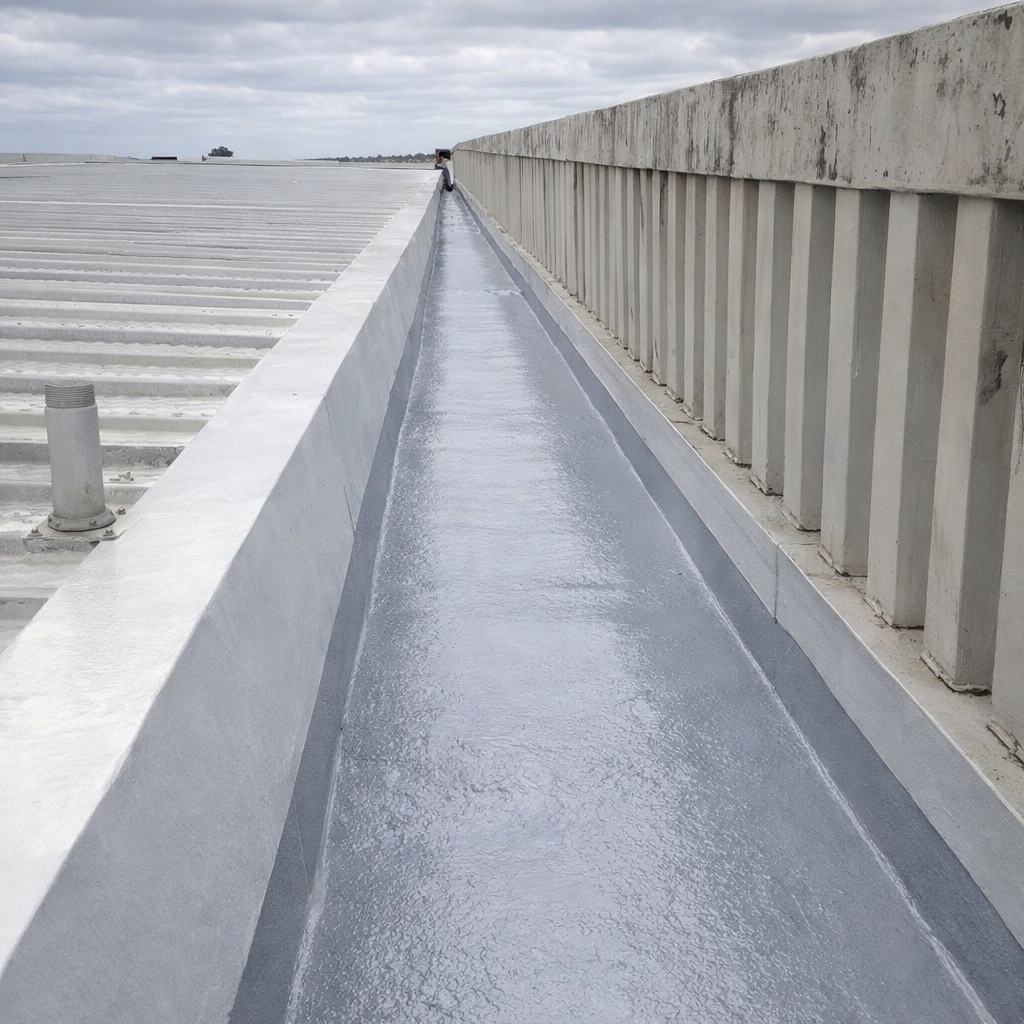 Commercial gutter lined with seamless Gaco coating