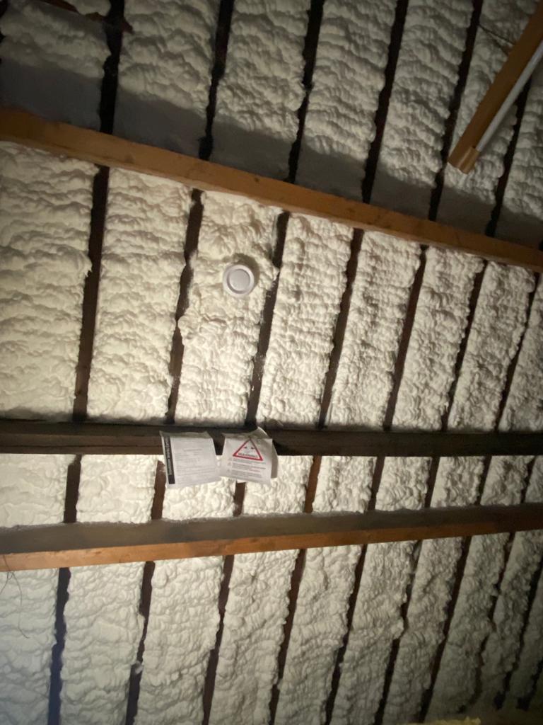 Purios F open-cell spray foam applied between roof rafters