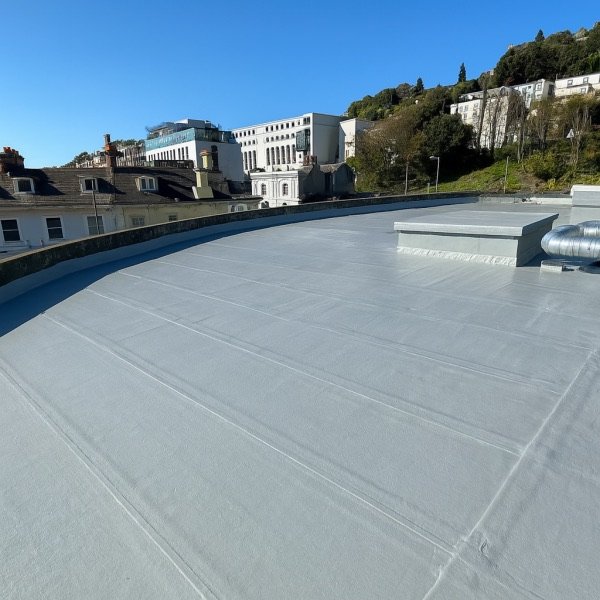 Torquay, England: finished GacoFlex S42 silicone coating on a flat roof (UK project).