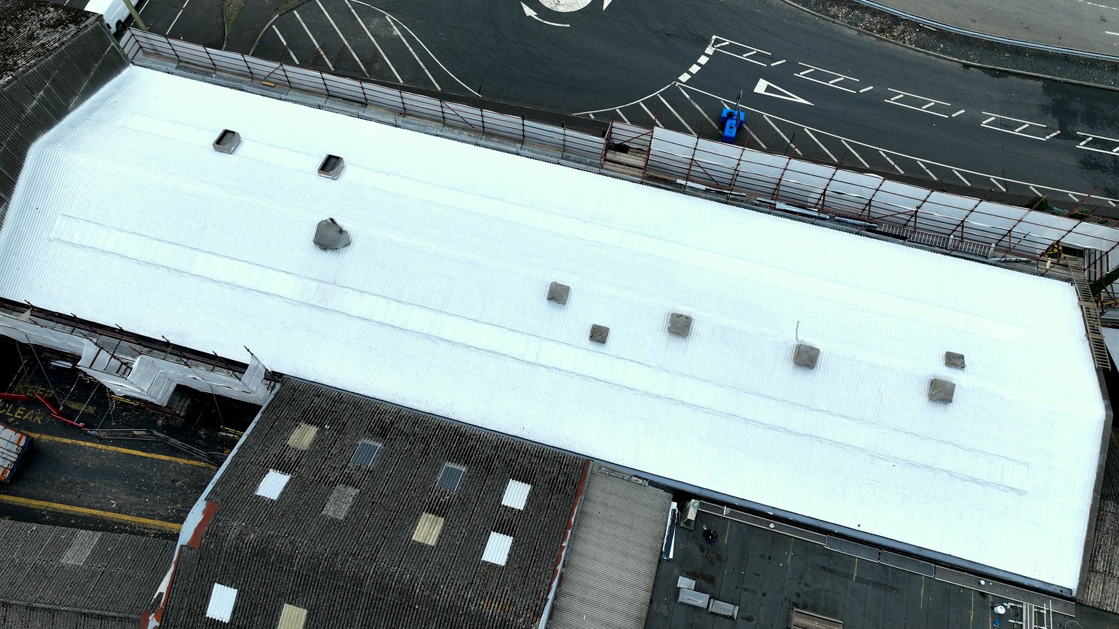Aerial view of the completed asbestos cement roof encapsulation at SAICA Warrenpoint, County Down